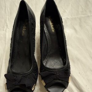 Kelly & Katie Black Peep-Toe Bow Heels with Gold Accents